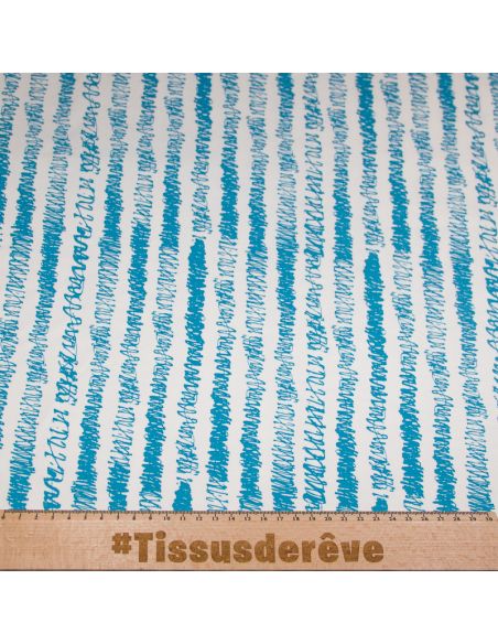 Molleton non gratté (French terry) - Rayure gribouilli bleu fond blanc