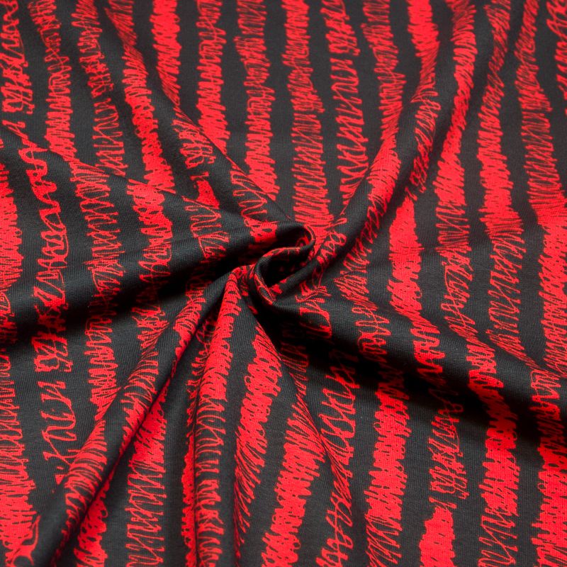 Molleton non gratté (French terry) - Rayure gribouilli rouge fond noir