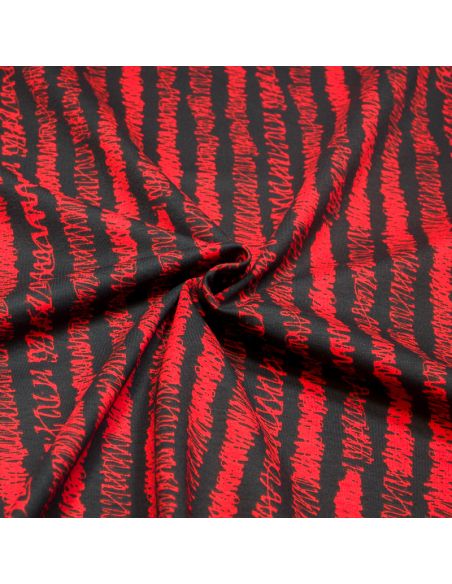 Molleton non gratté (French terry) - Rayure gribouilli rouge fond noir