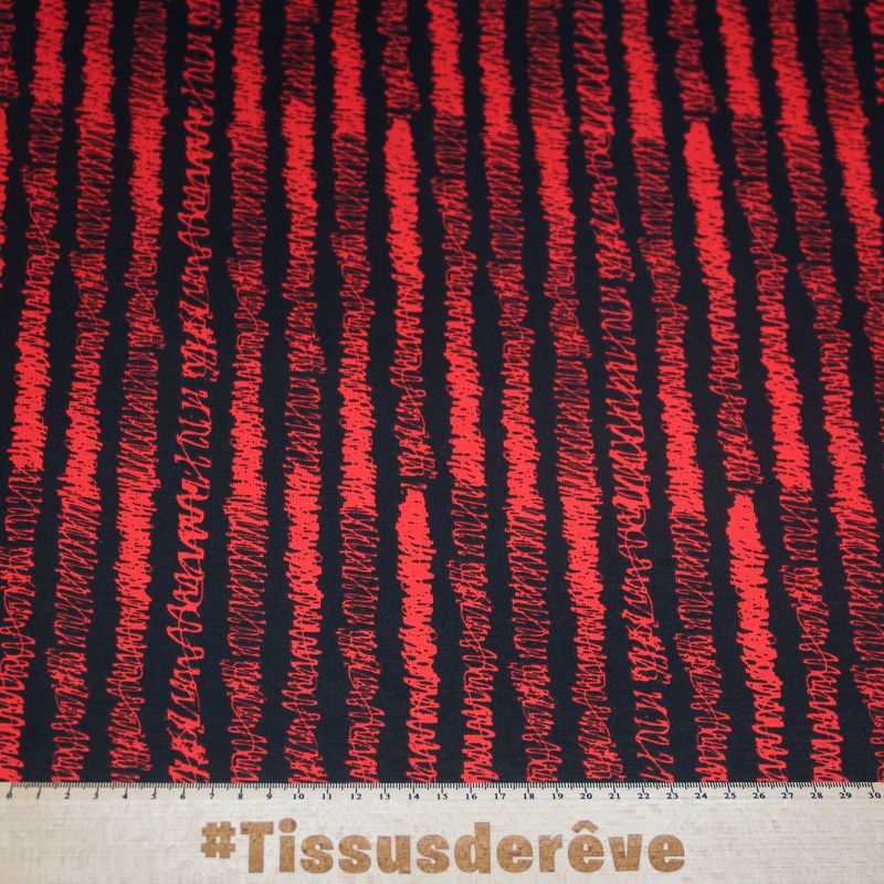 Molleton non gratté (French terry) - Rayure gribouilli rouge fond noir