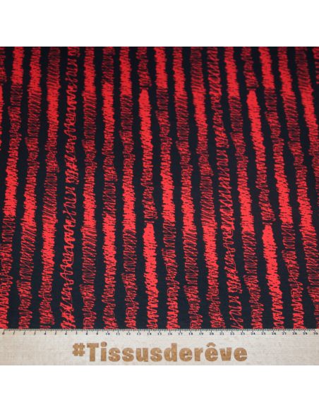 Molleton non gratté (French terry) - Rayure gribouilli rouge fond noir