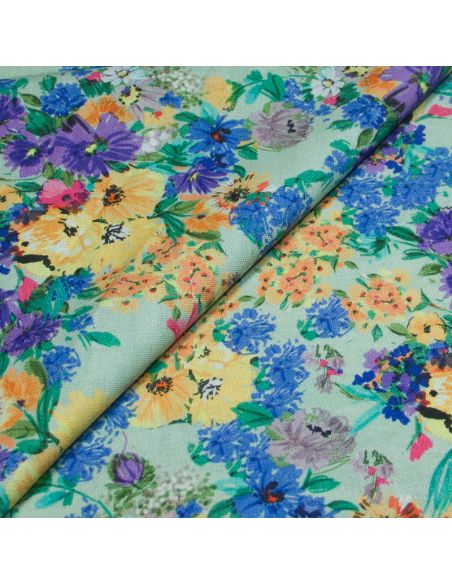 Étoffe lin & viscose - Bouquet fleuri fond vert