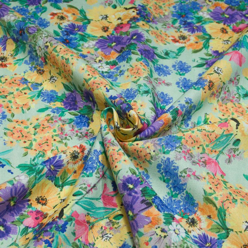 Étoffe lin & viscose - Bouquet fleuri fond vert