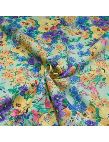 Étoffe lin & viscose - Bouquet fleuri fond vert