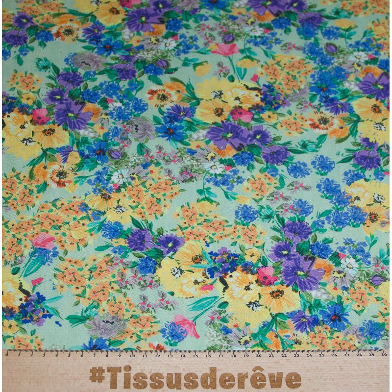 Étoffe lin & viscose - Bouquet fleuri fond vert