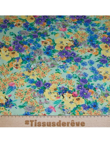Étoffe lin & viscose - Bouquet fleuri fond vert