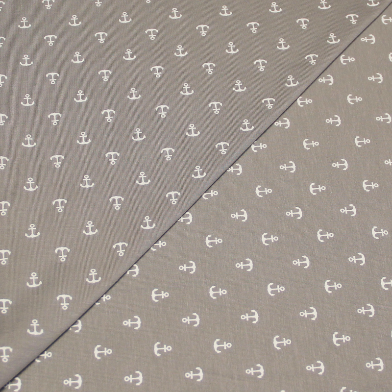 Jersey coton & élasthanne - Ancre blanche fond gris