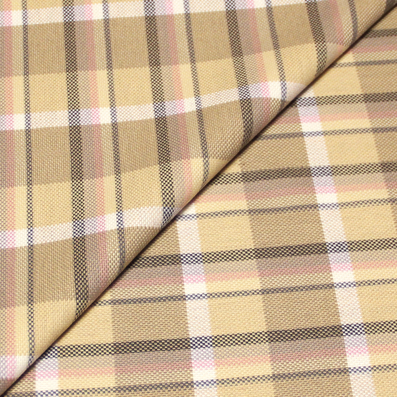 Tartan natté de laine vierge - Ligne gris rose et blanc fond beige