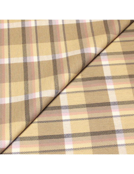 Tartan natté de laine vierge - Ligne gris rose et blanc fond beige