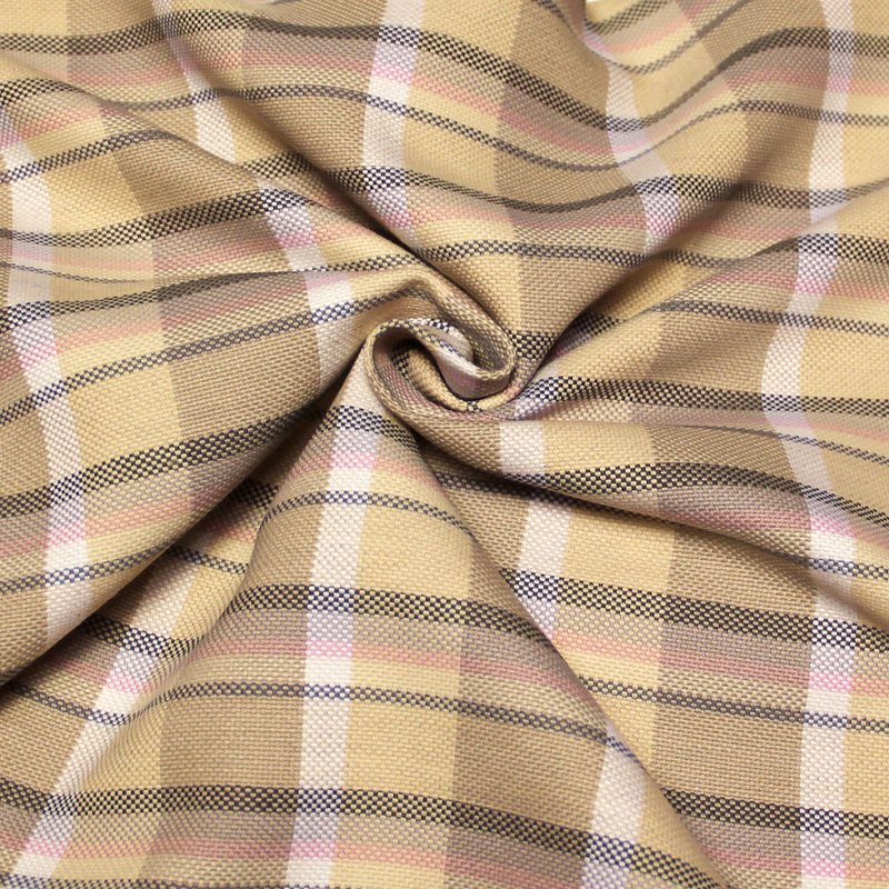 Tartan natté de laine vierge - Ligne gris rose et blanc fond beige