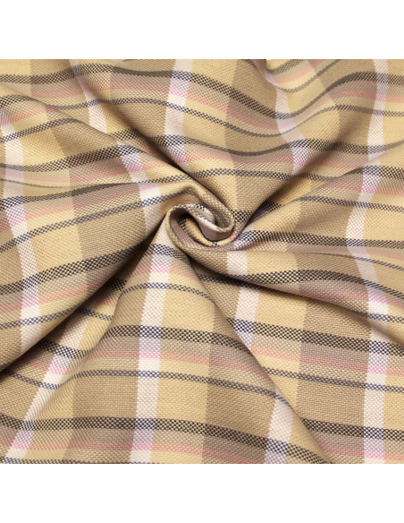 Tartan natté de laine vierge - Ligne gris rose et blanc fond beige