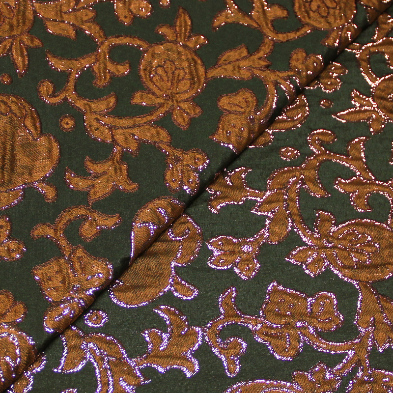 Tissu broché - Fleuri marron brillant fond vert
