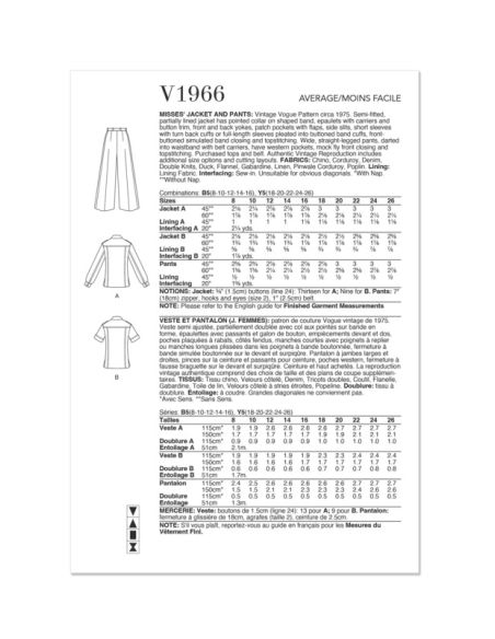 Patron Vogue 1966 B5 - Veste semi ajustée