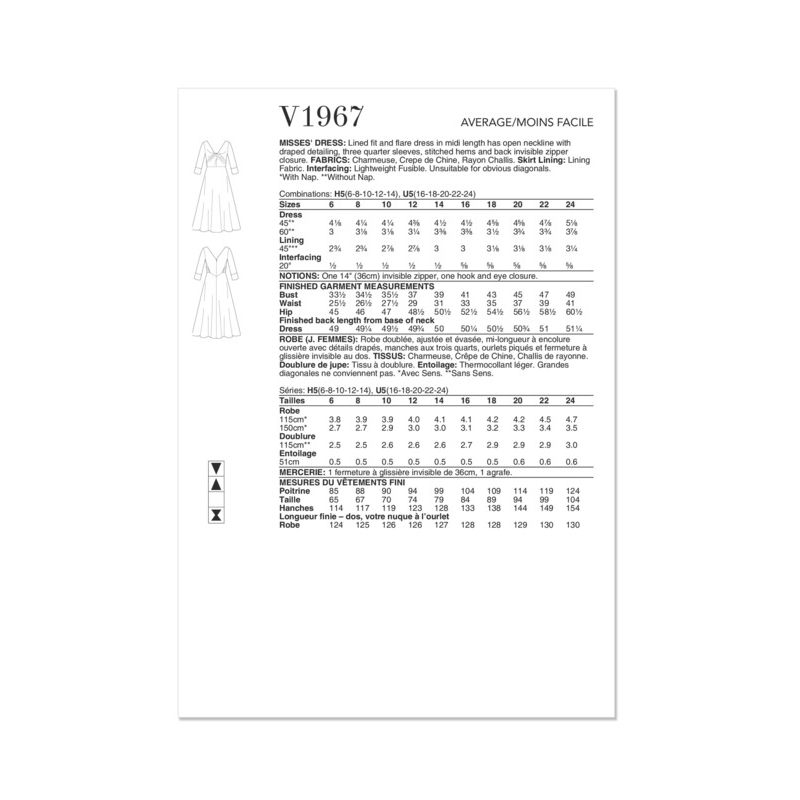 Patron Vogue 1967 H5 - Robe doublée