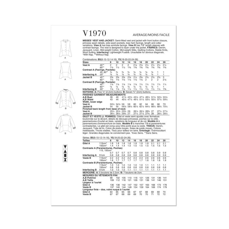 Patron Vogue 1970 B5 - Gilet et veste semi ajustés