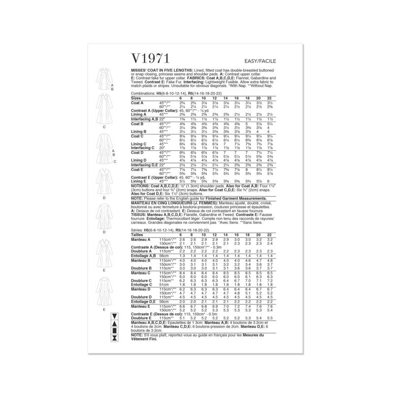 Patron Vogue 1971 R5 - Manteau ajusté