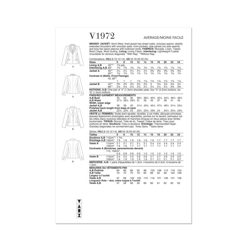 Patron Vogue 1972 H5 - Veste semi-ajustée