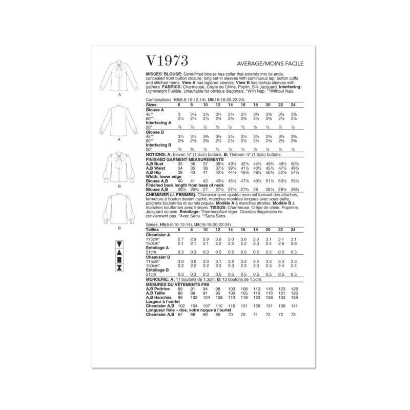 Patron Vogue 1973 U5 - Chemisier semi ajustée