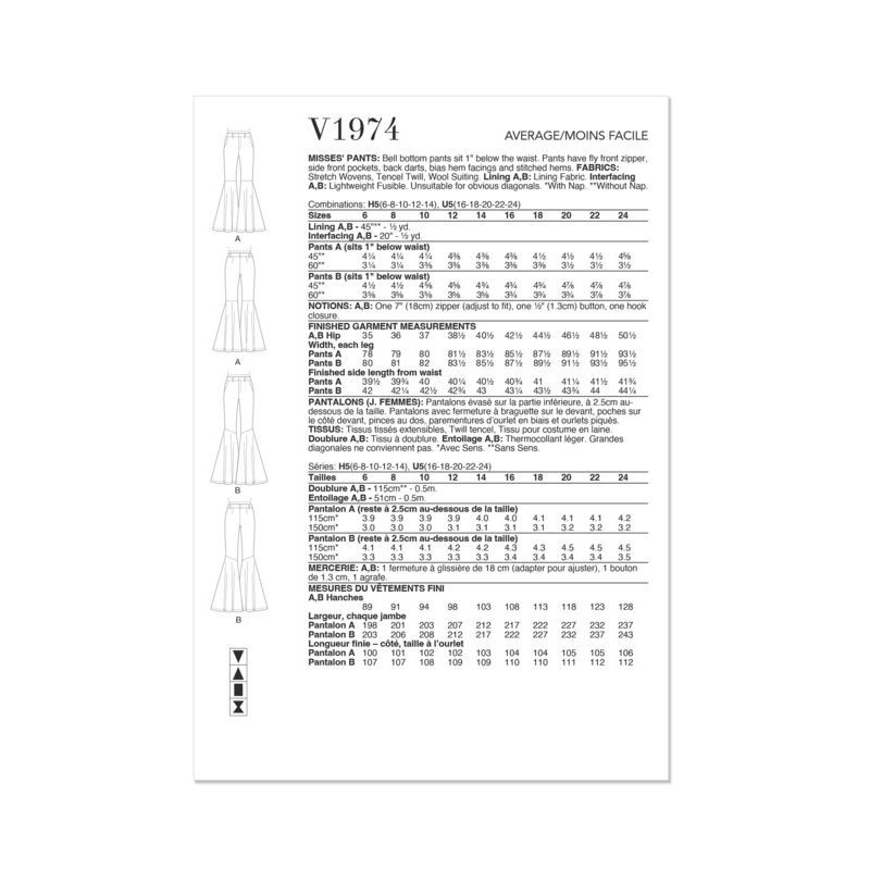 Patron Vogue 1974 U5 - Pantalons évasé