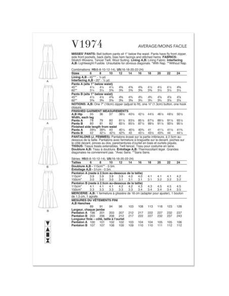 Patron Vogue 1974 U5 - Pantalons évasé