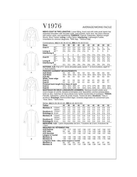 Patron Vogue 1976 AA - Manteau doublé