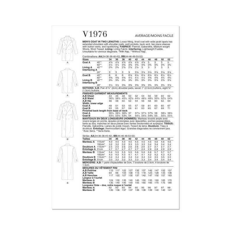Patron Vogue 1976 BB - Manteau doublé