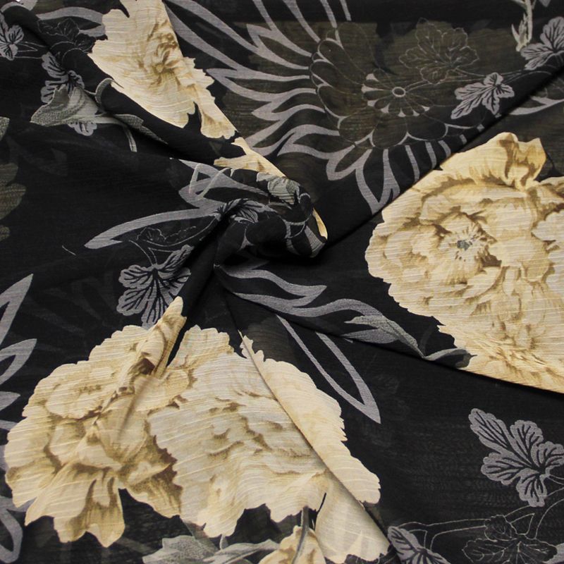 Mousseline crinckle - Fleuri beige & gris fond noir