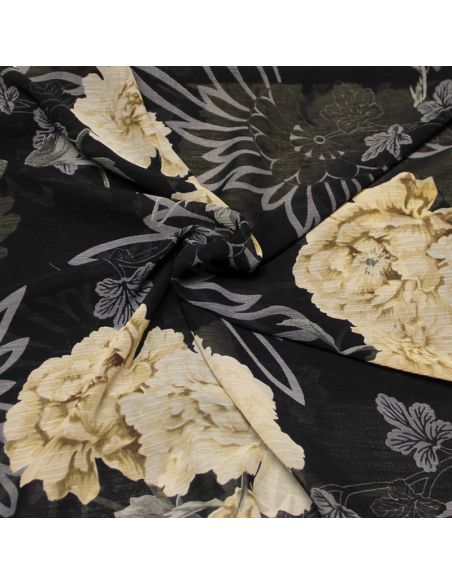 Mousseline crinckle - Fleuri beige & gris fond noir