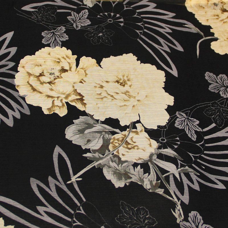 Mousseline crinckle - Fleuri beige & gris fond noir