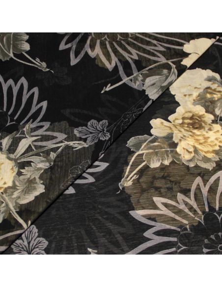 Mousseline crinckle - Fleuri beige & gris fond noir