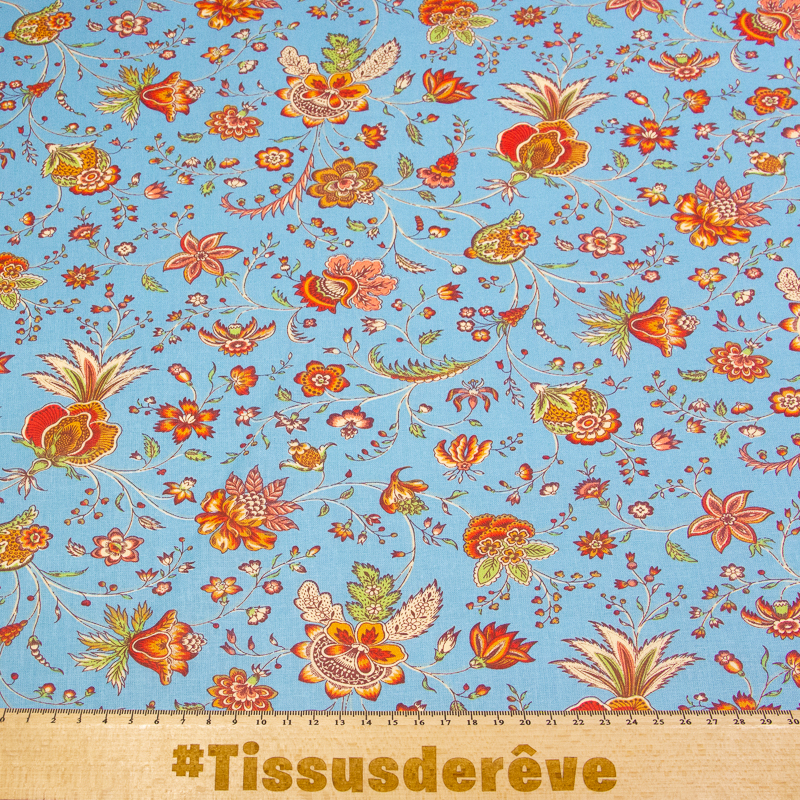 Cretonne 100% coton - Plante carnivore fond bleu