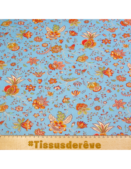 Cretonne 100% coton - Plante carnivore fond bleu