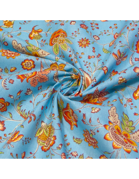 Cretonne 100% coton - Plante carnivore fond bleu