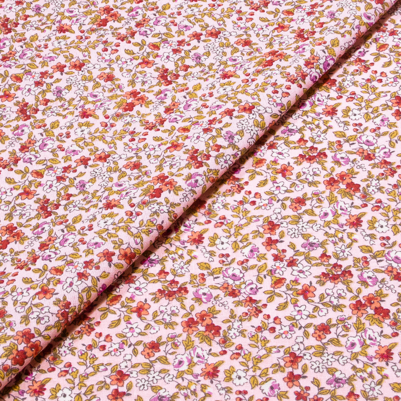 Cretonne 100% coton - Fleuri anis & rouge orange fond rose clair