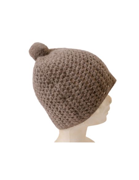 Bonnet 100% Yak pompon - Beige foncé