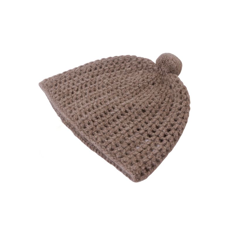 Bonnet 100% Yak pompon - Beige foncé