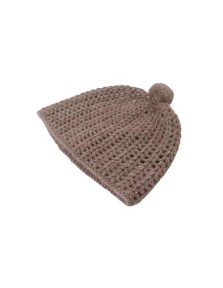 Bonnet 100% Yak pompon - Beige foncé