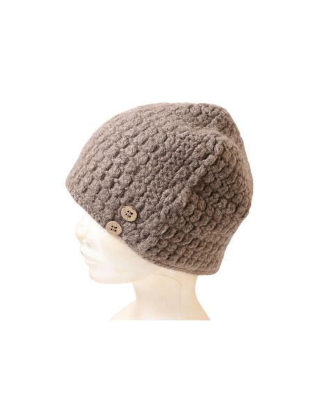 Bonnet 100% Yak à bouton - Beige foncé