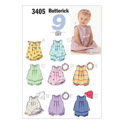 Patron Butterick 3405/NB - Robe, haut, barboteuse, culotte & bande de tête