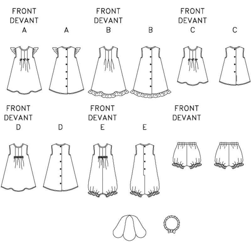 Patron Butterick 3405/NB - Robe, haut, barboteuse, culotte & bande de tête