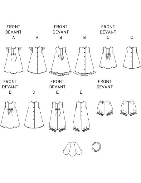 Patron Butterick 3405/NB - Robe, haut, barboteuse, culotte & bande de tête