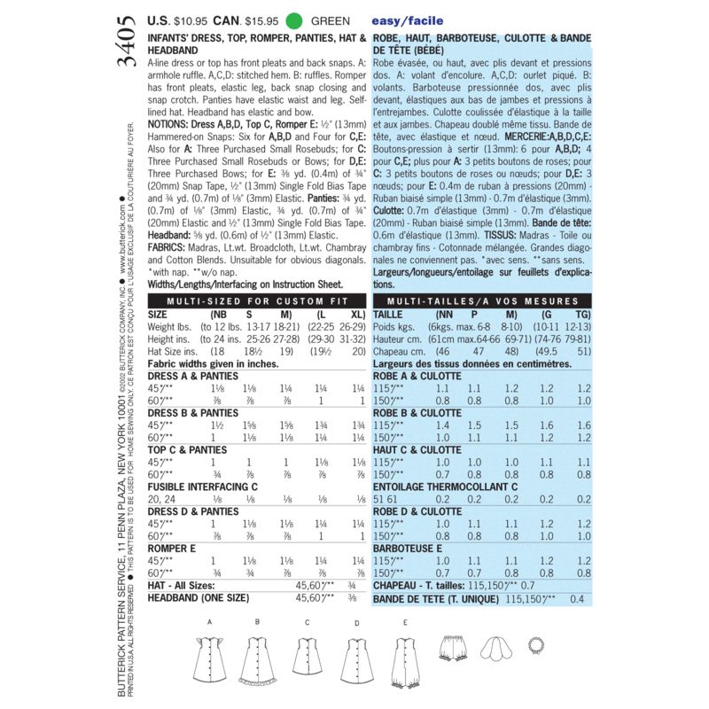 Patron Butterick 3405/NB - Robe, haut, barboteuse, culotte & bande de tête