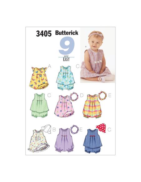 Patron Butterick 3405/NB - Robe, haut, barboteuse, culotte & bande de tête