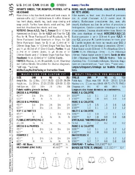 Patron Butterick 3405/NB - Robe, haut, barboteuse, culotte & bande de tête