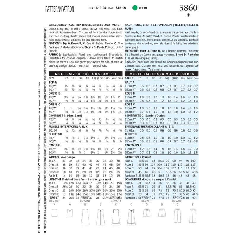 Patron Butterick 3860/7 - Haut, robe, short et pantalon