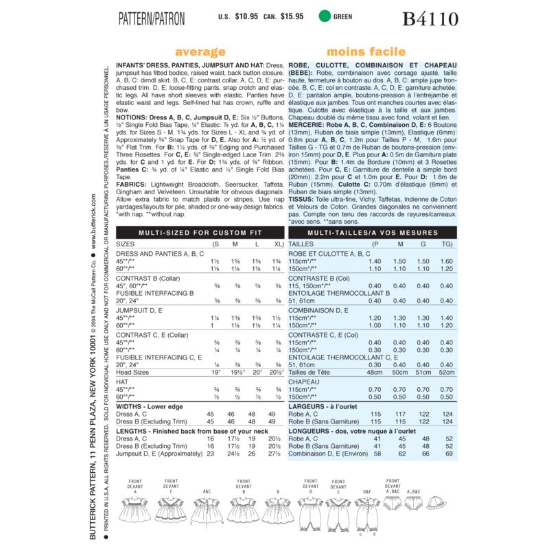 Patron Butterick 4110/OSZ - Robe, culotte, combinaison et chapeau