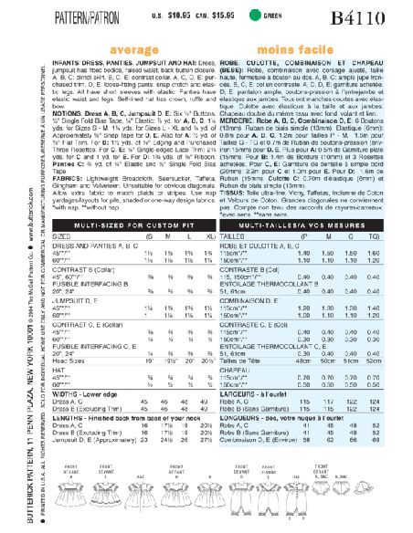 Patron Butterick 4110/OSZ - Robe, culotte, combinaison et chapeau