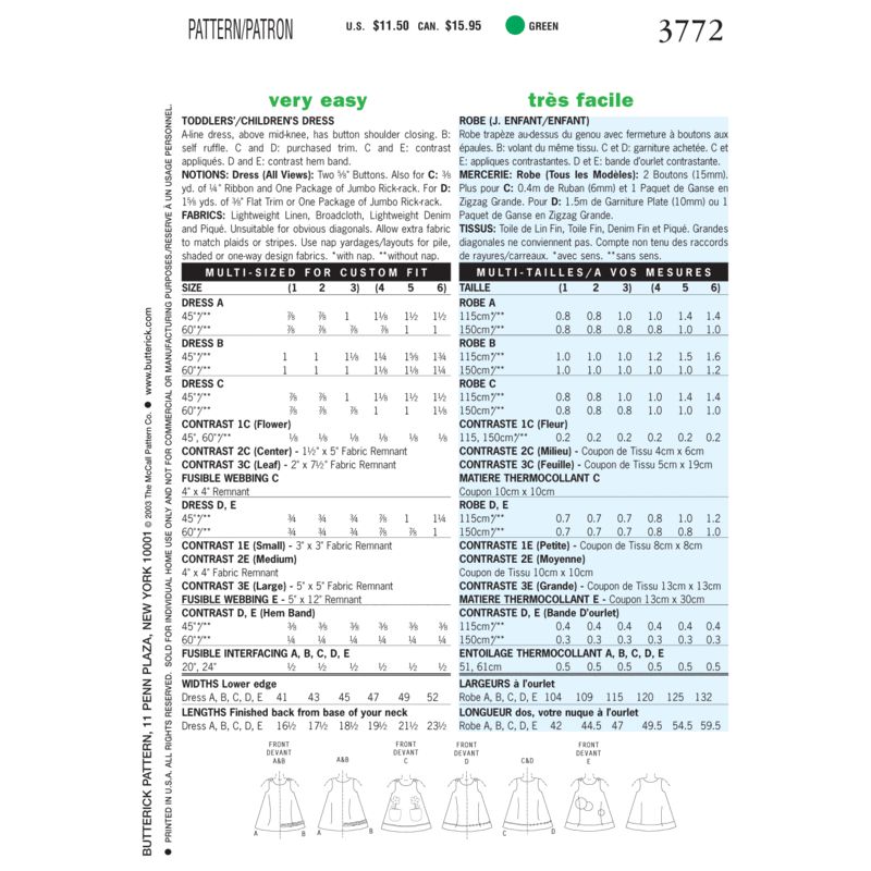Patron Butterick 3772/1 - Robe enfant