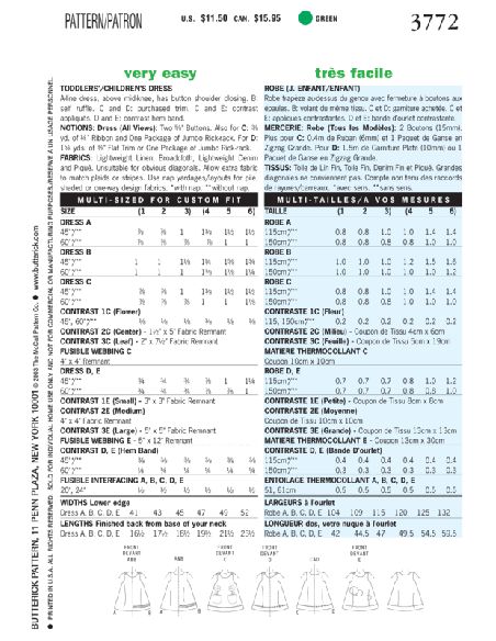 Patron Butterick 3772/1 - Robe enfant