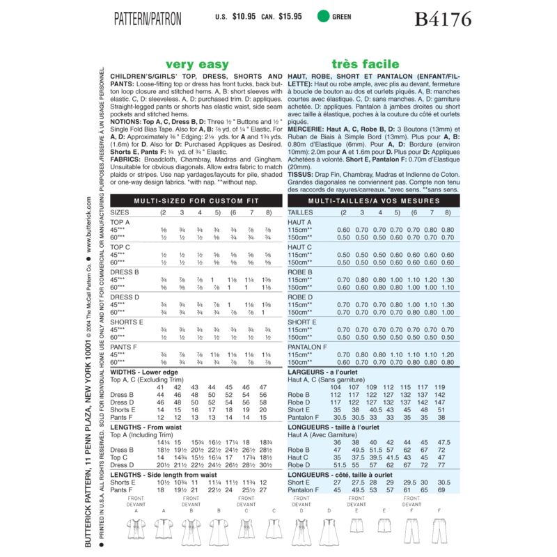 Patron Butterick 4176/2 - Haut, robe, short et pantalon
